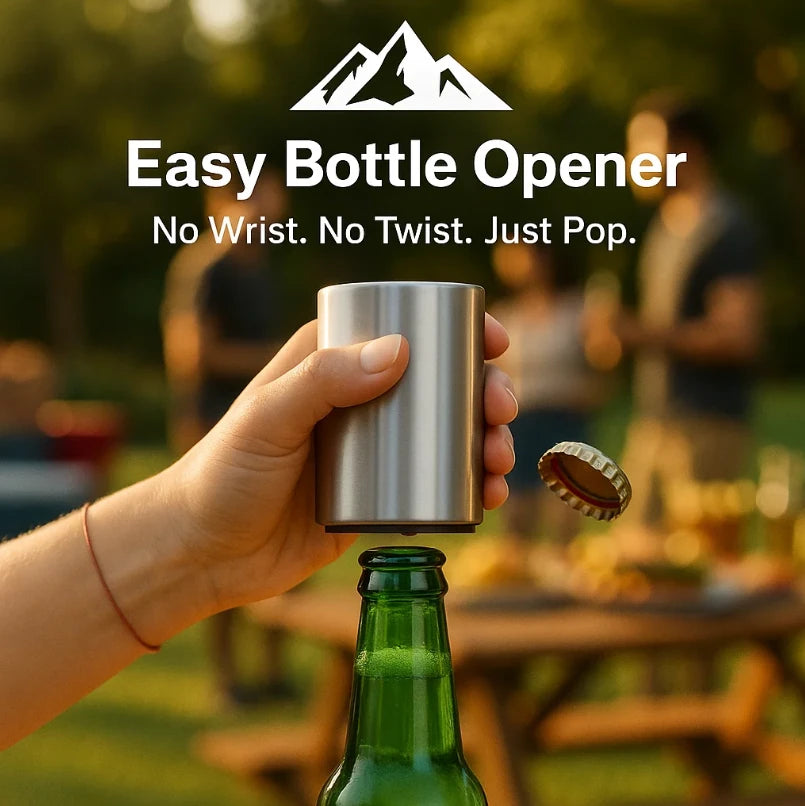 HighPeak Easy Push Bottle Opener in stainless steel removing a bottle cap outdoors at a backyard gathering