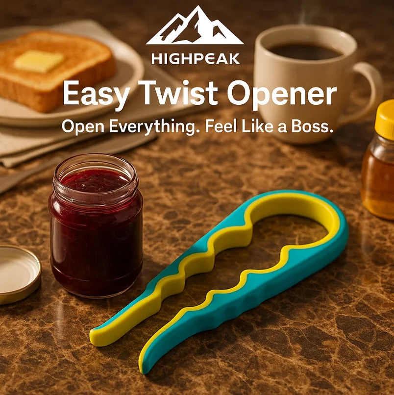 HighPeak Easy Twist Opener in blue and yellow with ergonomic grip next to open jam jar on kitchen counter
