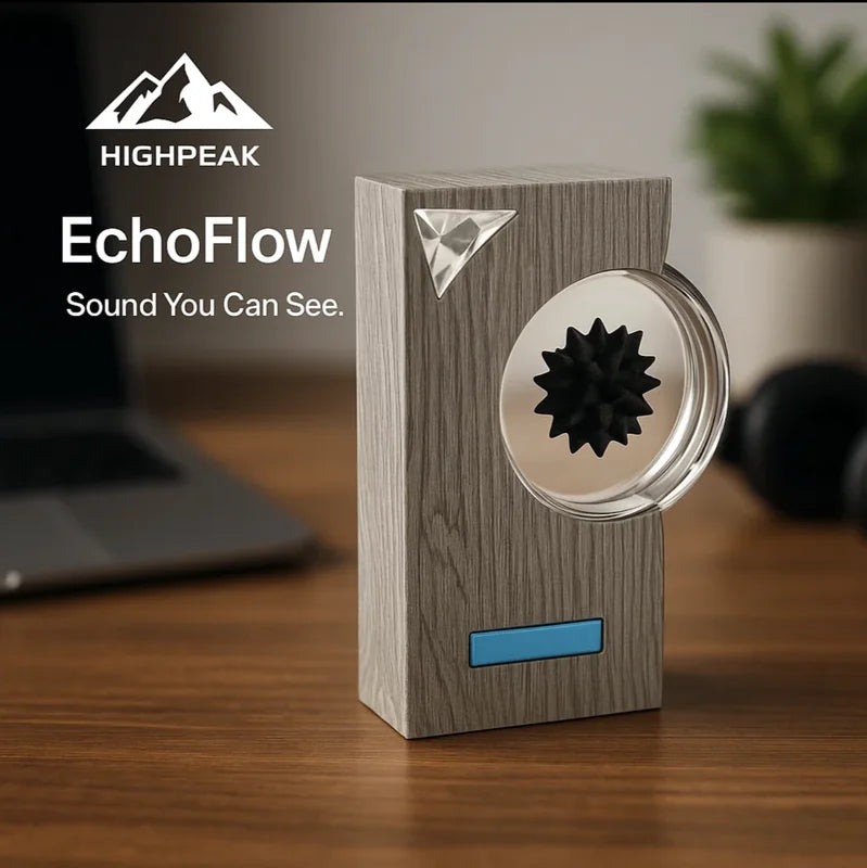 HighPeak EchoFlow speaker with wood grain finish and ferrofluid display on a desk in modern setup