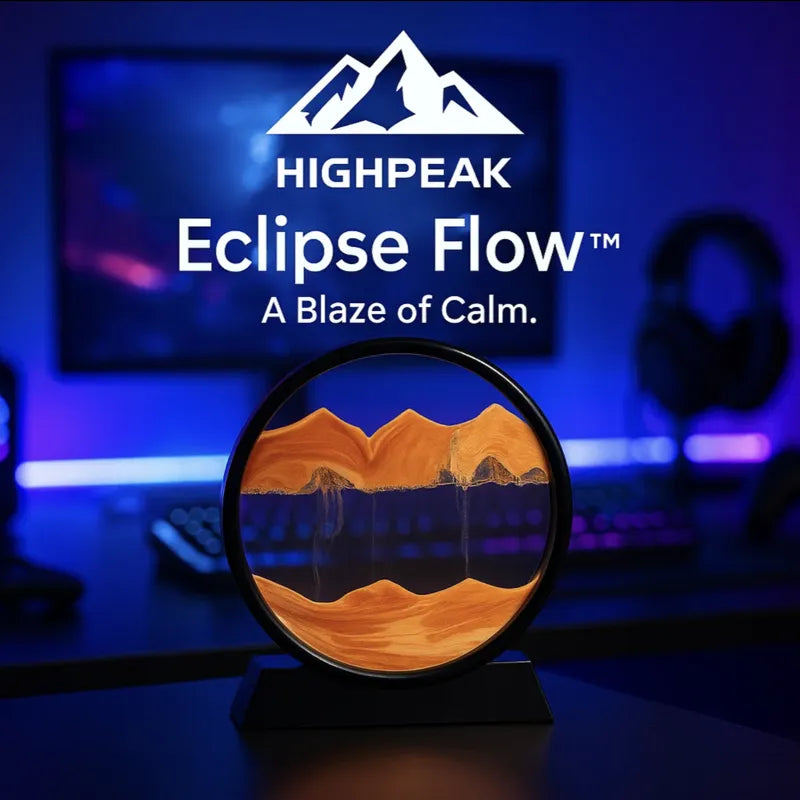 HighPeak Eclipse Flow™ dynamic sand art with orange sand flowing in a black frame on a dark desk setup