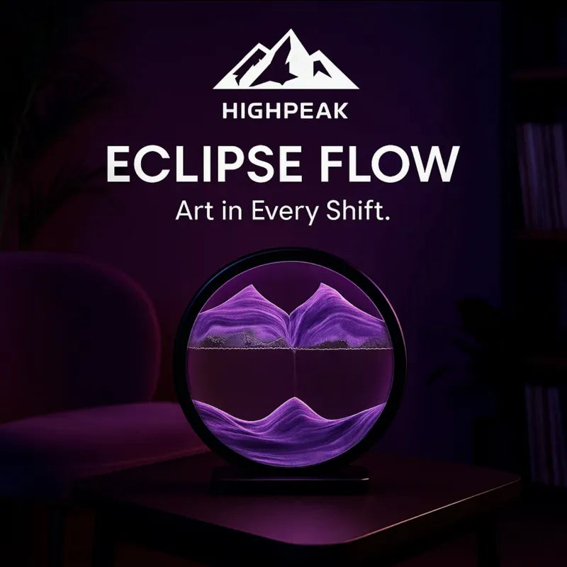 HighPeak Eclipse Flow™ Dynamic Sand Art with purple sand flowing in a circle on a dark desk setting