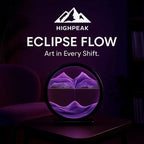 HighPeak Eclipse Flow™ Dynamic Sand Art with calming purple sand flow on a modern black desk in a cozy room setting