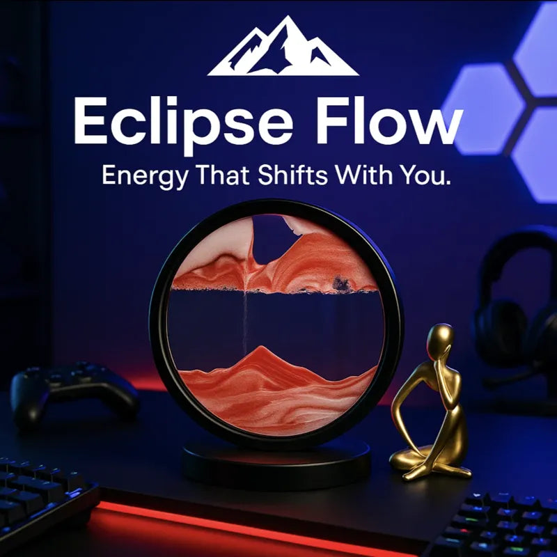 Eclipse Flow™ Dynamic Sand Art in black frame with flowing red sand on a dark desk beside modern decor, HighPeak ambiance