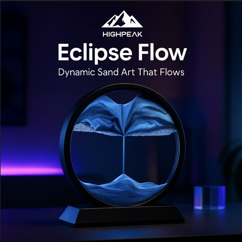 HighPeak Eclipse Flow™ Dynamic Sand Art in black frame with flowing blue sand, ideal for relaxation and elegant decor.