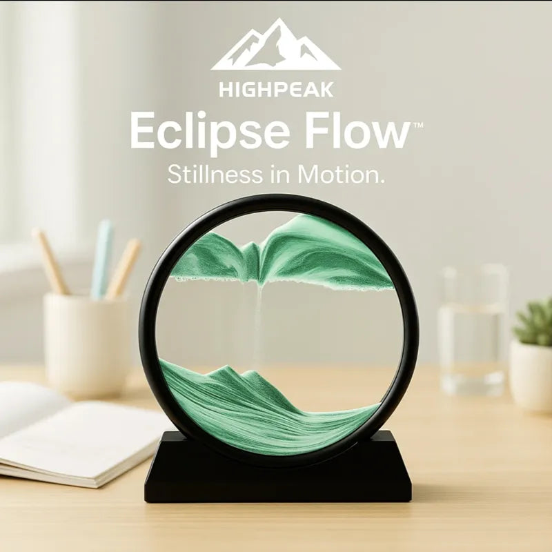HighPeak Eclipse Flow™ Dynamic Sand Art with green sand flowing in black frame on light wooden desk for calm decor