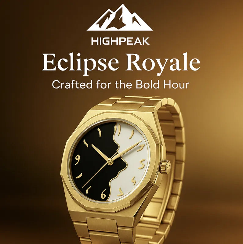 HighPeak Eclipse Royale™ gold dial watch with split-tone black and white face and stainless steel band on brown background