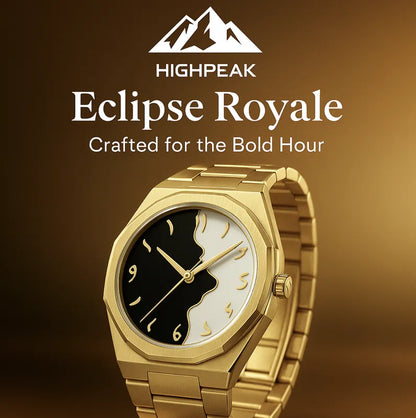 HighPeak Eclipse Royale™ gold dial watch with split-tone black and white face and stainless steel band on brown background