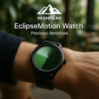 HighPeak EclipseMotion™ watch on wrist with green gradient dial and black strap in natural light setting