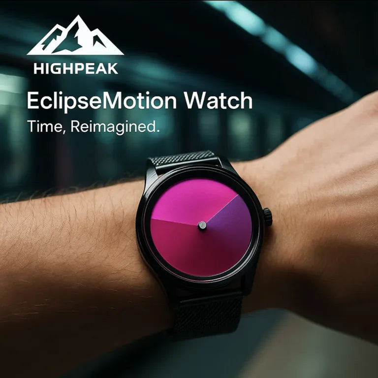 HighPeak EclipseMotion™ watch with shifting purple gradient dial on wrist, sleek black mesh strap, modern timepiece design