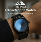 HighPeak EclipseMotion™ watch with black mesh band and blue gradient dial showcasing futuristic timekeeping on wrist
