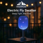 HighPeak Electric Fly Swatter glowing blue on stand outdoors at night with bugs flying nearby for silent pest control