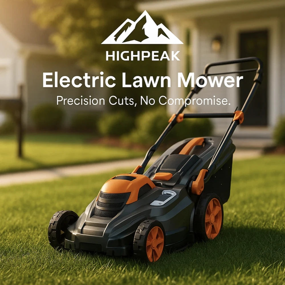 HighPeak Electric Lawn Mower in black and orange on green lawn with adjustable handle and grass collection bag visible