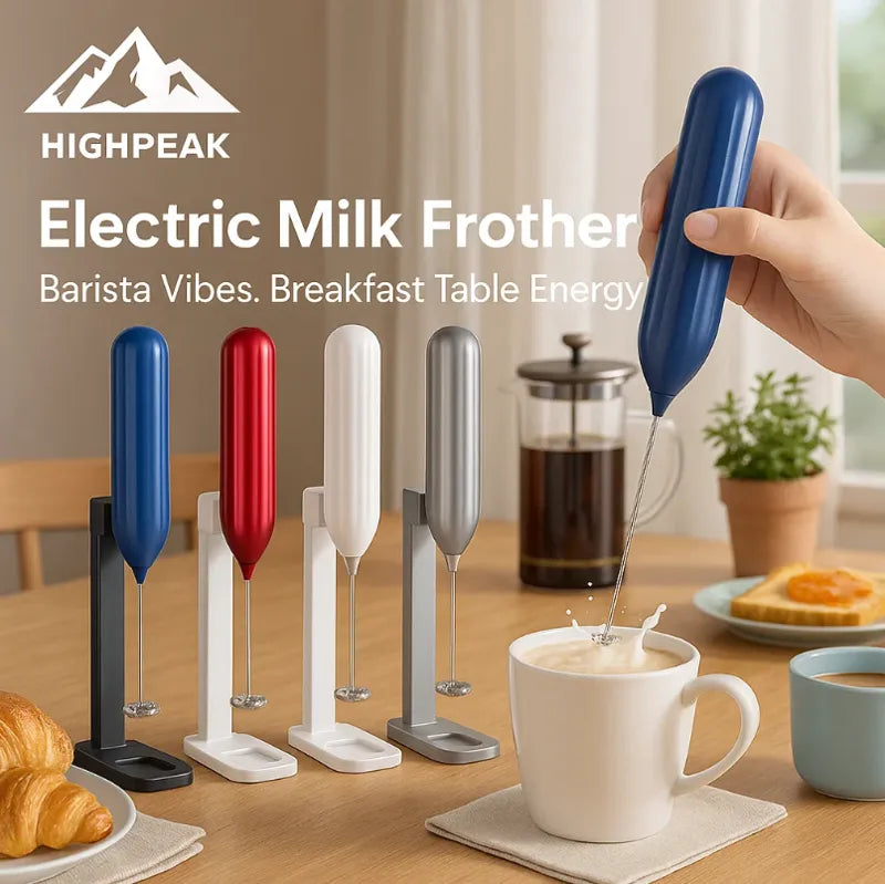 HighPeak Electric Milk Frother in blue frothing milk beside matching stands and breakfast items on a wooden table