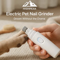 HighPeak Electric Pet Nail Grinder in white held near a dog paw, demonstrating quiet, safe nail grooming at home