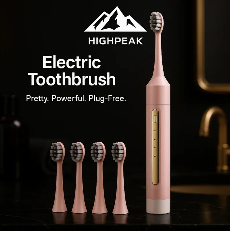 HighPeak Sonic Electric Toothbrush in pink with four replacement heads on a bathroom counter, sleek waterproof design