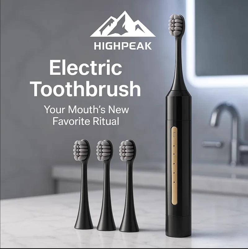 HighPeak Sonic Electric Toothbrush in black with four brush heads on a bathroom counter near a sink and mirror