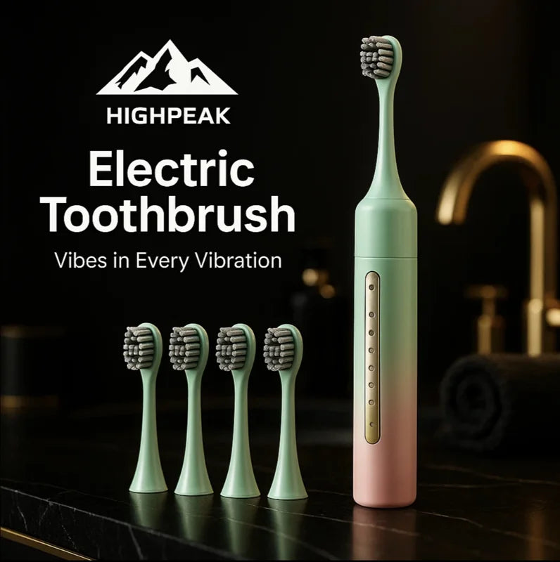 HighPeak Sonic Electric Toothbrush in green and pink with five replacement heads on a dark countertop with gold fixtures