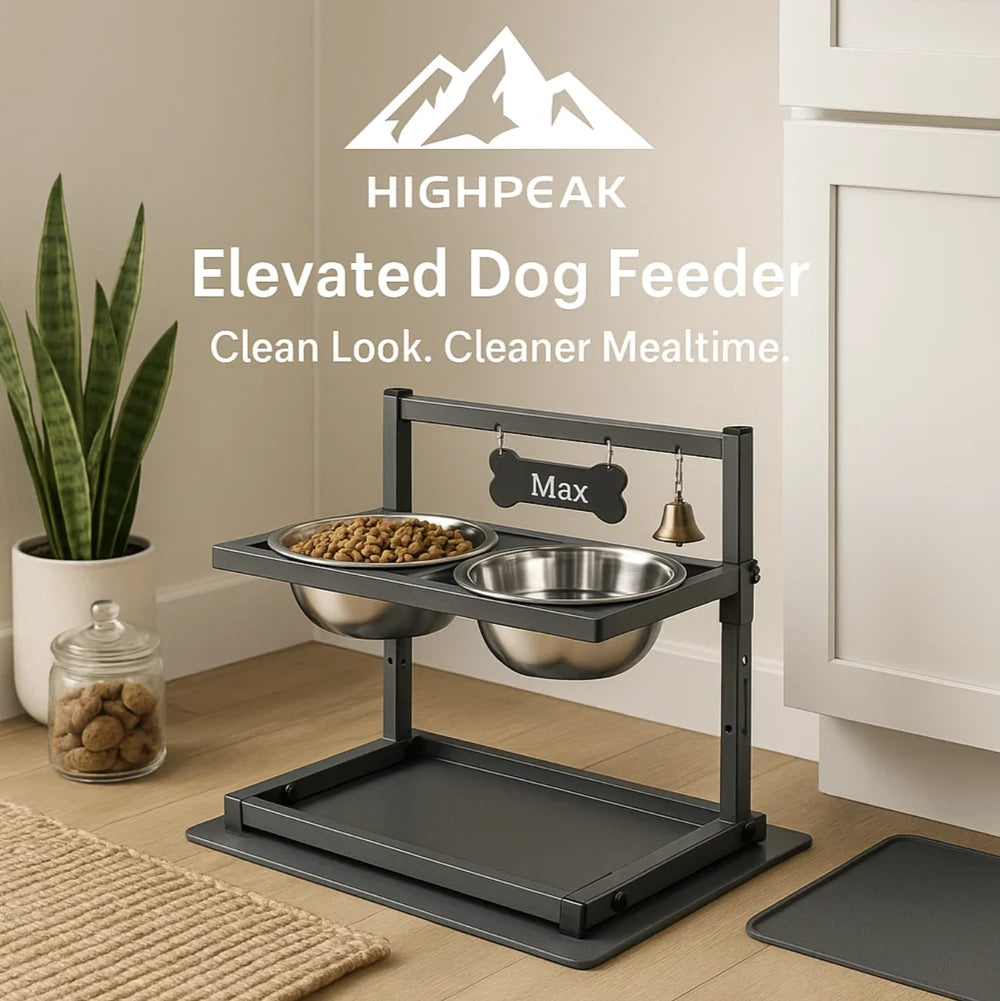 HighPeak Elevated Dog Feeder with adjustable metal stand, two stainless steel bowls, non-slip base, and personalized dog sign