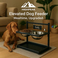 HighPeak Elevated Dog Feeder with adjustable black metal stand, two stainless steel bowls, and dog named Buddy nearby in living room
