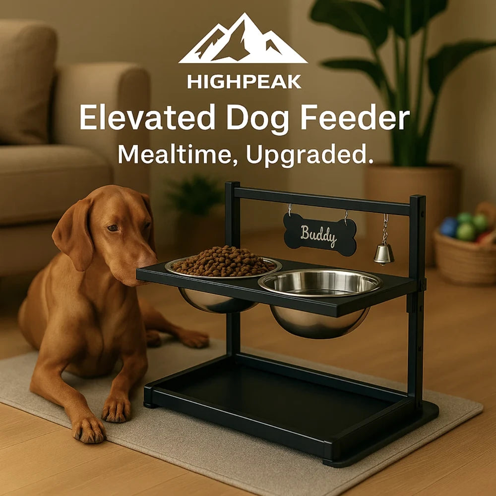 HighPeak Elevated Dog Feeder with adjustable black metal stand, two stainless steel bowls, and dog named Buddy nearby in living room