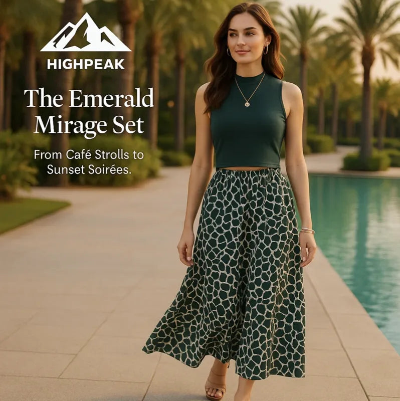 HighPeak The Emerald Mirage Set in green with patterned maxi skirt and crop top by a pool at sunset