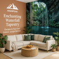 HighPeak Enchanting Cenote Waterfall Tapestry in living room with neutral sofa and green plants for a jungle retreat ambiance