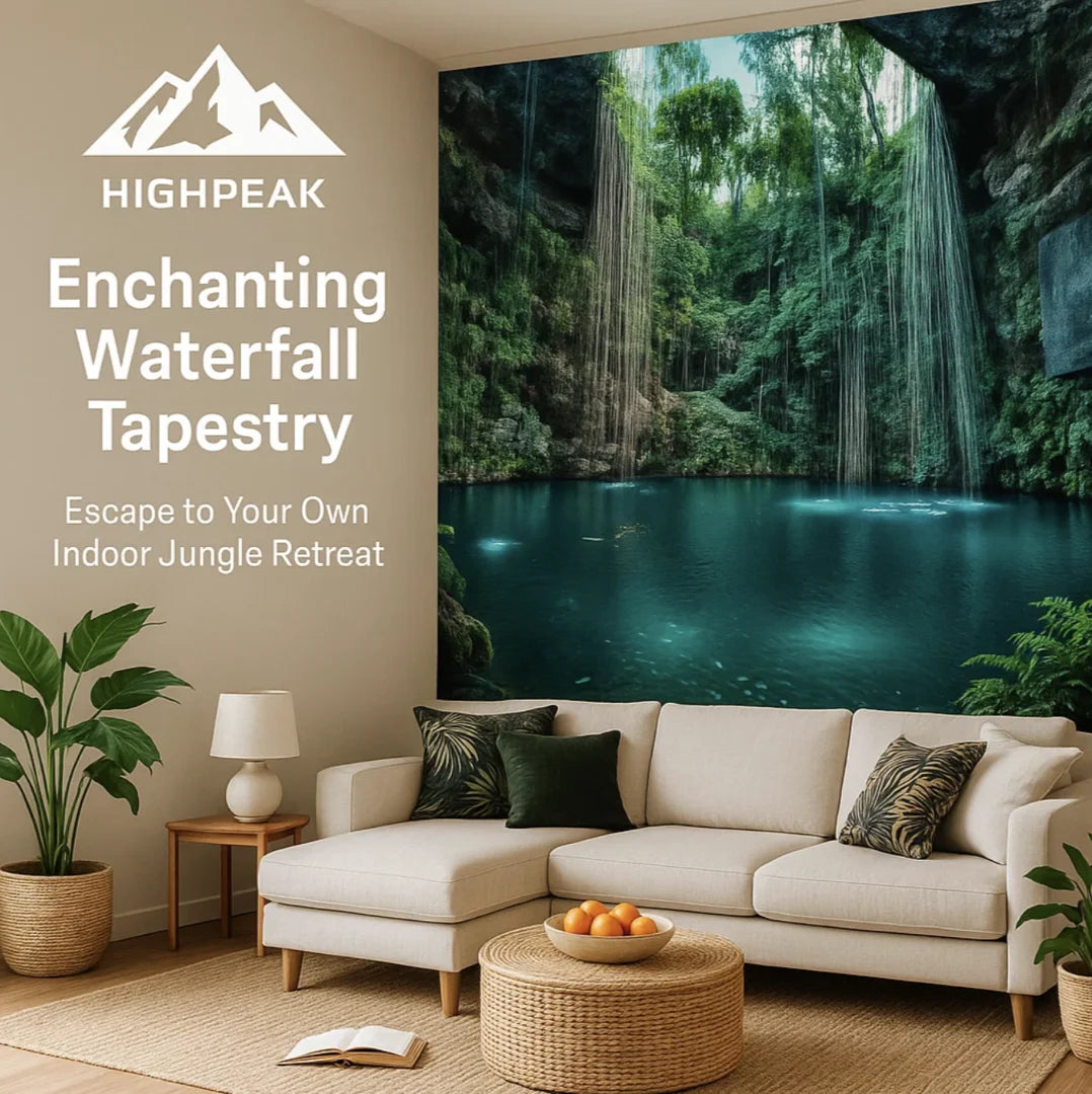 HighPeak Enchanting Cenote Waterfall Tapestry showcasing lush green rainforest and blue water in a cozy living room setting