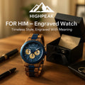 HighPeak FOR HIM - Engraved Wooden Watch with blue face and wood band displayed beside open gift box on wooden table