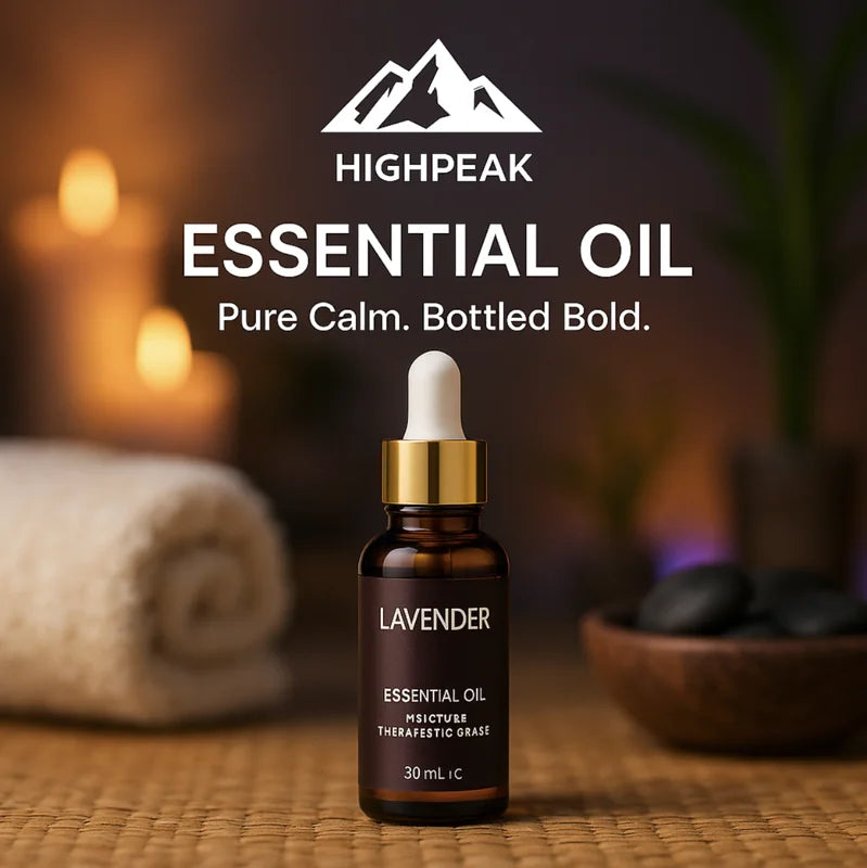 HighPeak Essential Oils lavender bottle with dropper on spa mat near towel and candles for calm ambiance