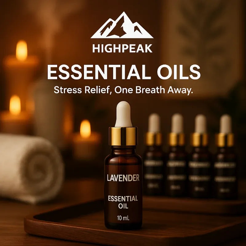 HighPeak Essential Oils lavender bottle with dropper on wooden tray in warm spa setting for stress relief.