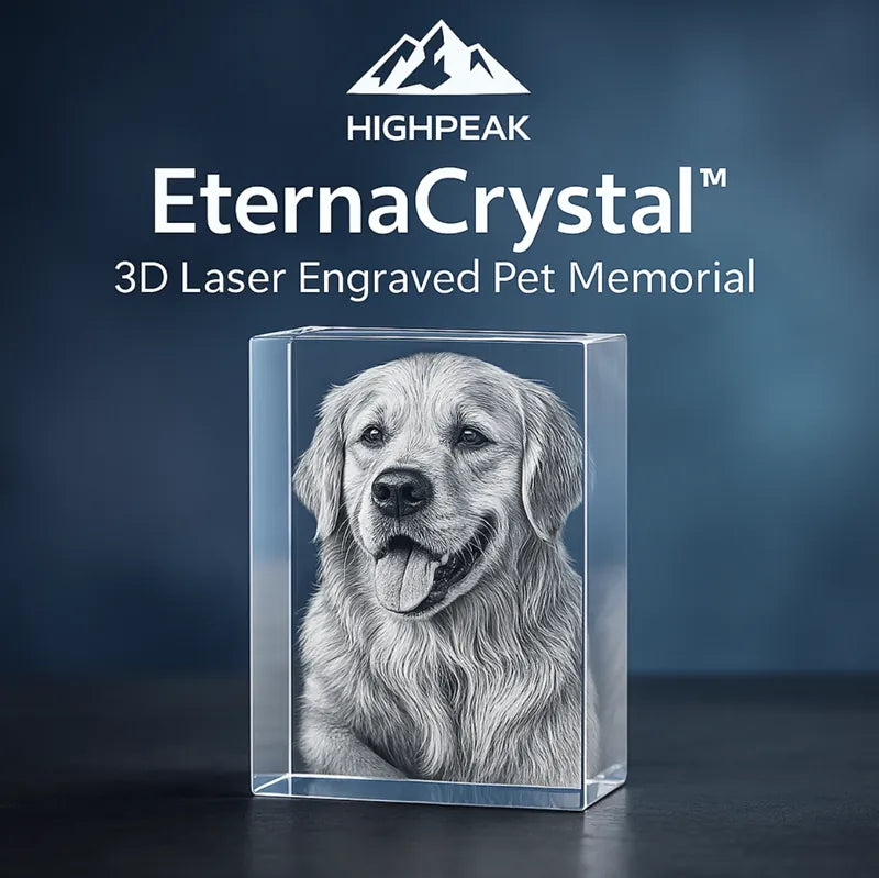 HighPeak EternaCrystal™ 3D laser engraved pet memorial crystal featuring a detailed dog portrait in clear premium crystal block
