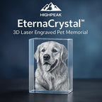 HighPeak EternaCrystal™ 3D laser engraved pet memorial crystal featuring a detailed dog portrait in clear premium crystal block