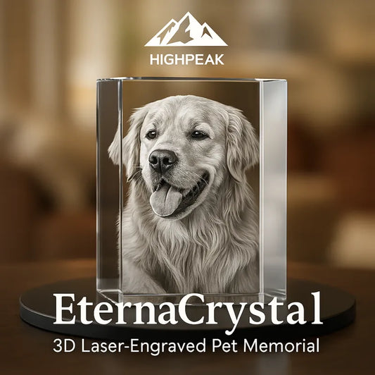 HighPeak EternaCrystal™ 3D laser engraved pet memorial featuring a detailed golden retriever inside a clear crystal block