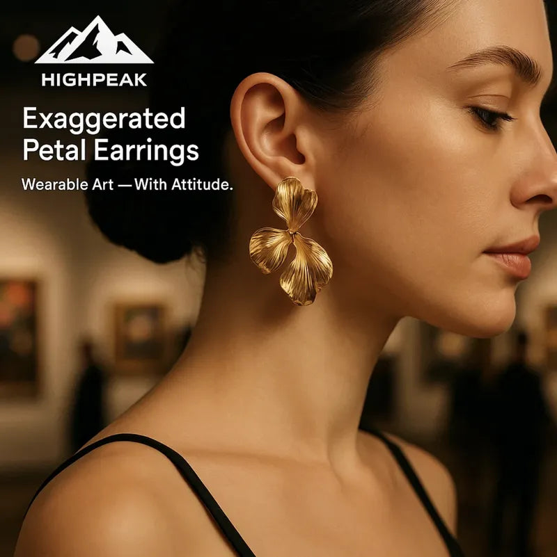 HighPeak Exaggerated Petal Earrings in textured copper worn by a woman, showcasing bold sculptural design and lightweight feel.