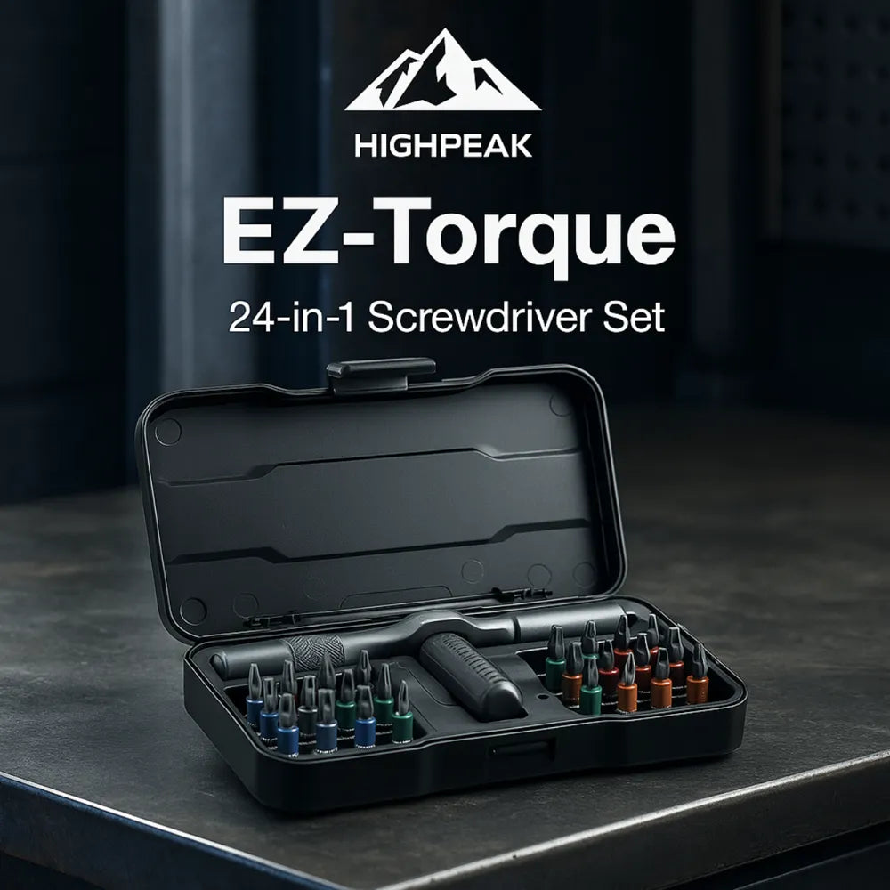 HighPeak EZ-Torque™ 24-in-1 Screwdriver Set with magnetic, color-coded bits in a compact black case on a workbench