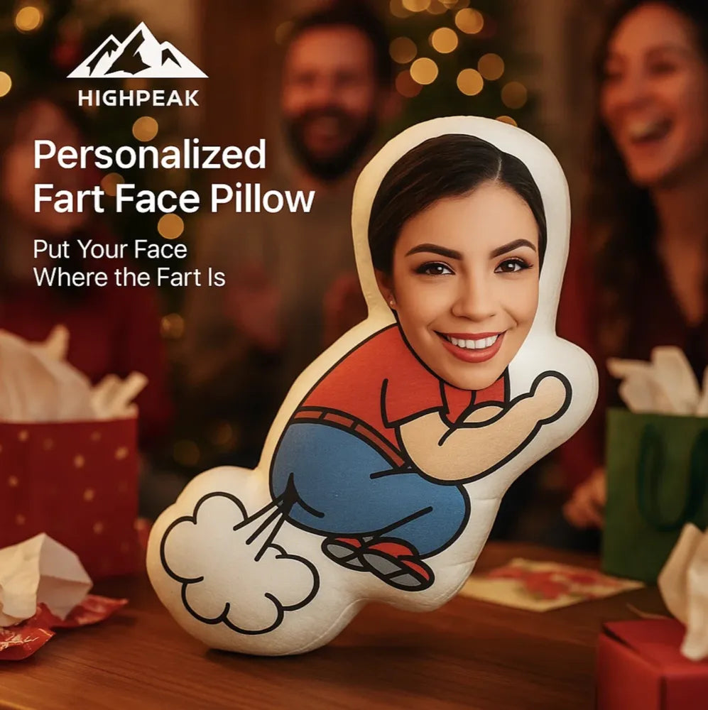 HighPeak Funny Personalized Fart Face Pillow showing a custom face on a cartoon body mid-fart in a festive setting