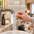 Faucet Filter Bags secured to a hotel bathroom tap, with an inset showing a discolored bag after use.