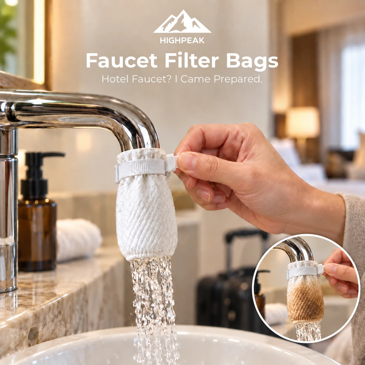 Faucet Filter Bags secured to a hotel bathroom tap, with an inset showing a discolored bag after use.