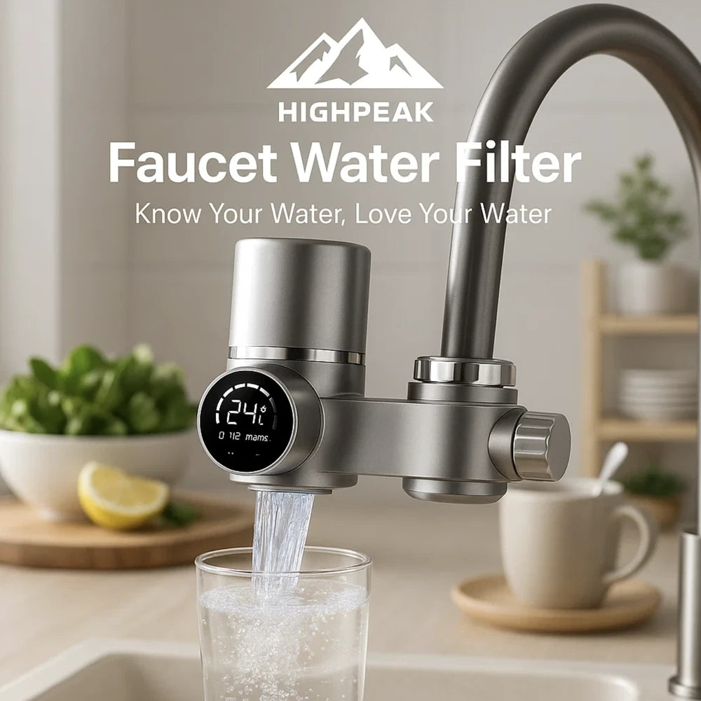 HighPeak Faucet Water Filter with digital display attached to silver kitchen tap pouring clear water into glass.