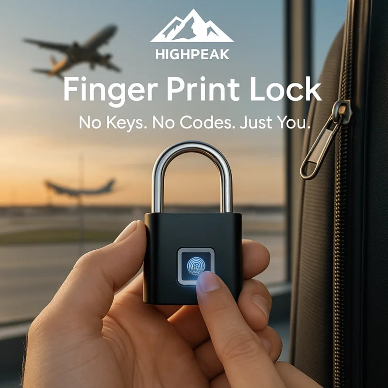 HighPeak Finger Print Lock in black with fingerprint sensor held by hand near luggage at airport terminal.