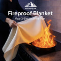 HighPeak Fireproof Emergency Blanket in beige covering a stove fire, demonstrating quick fire suppression in a kitchen.