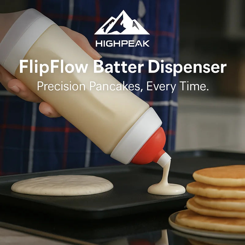 HighPeak FlipFlow™ Batter Dispenser pouring batter with precision on griddle for perfect pancakes every time