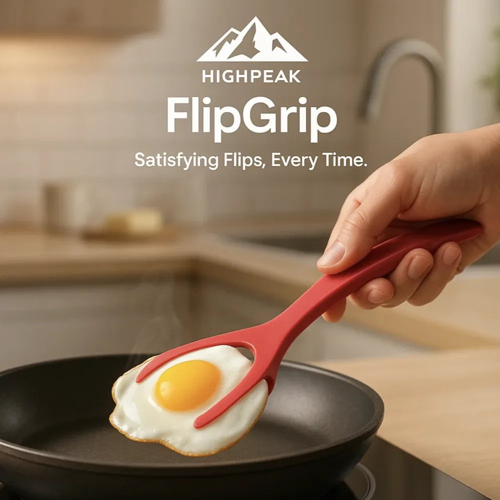 HighPeak FlipGrip™ 2 in 1 spatula tongs in red lifting a cooked egg from a non-stick frying pan in a kitchen
