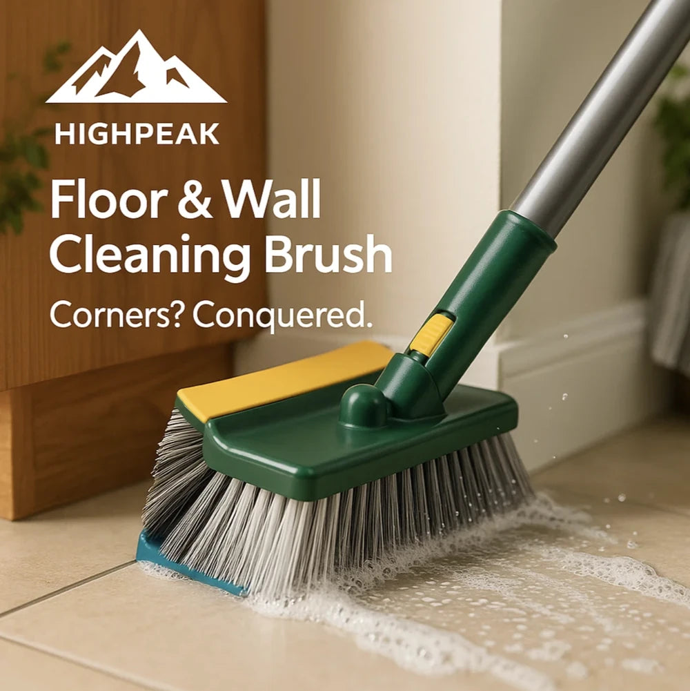 HighPeak Floor & Wall Cleaning Brush with green handle and scraper cleaning tile floor corner with soap foam.