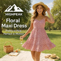 HighPeak Floral Maxi Dress in pink with ruffle hem worn outdoors on a sunny day with picnic setup