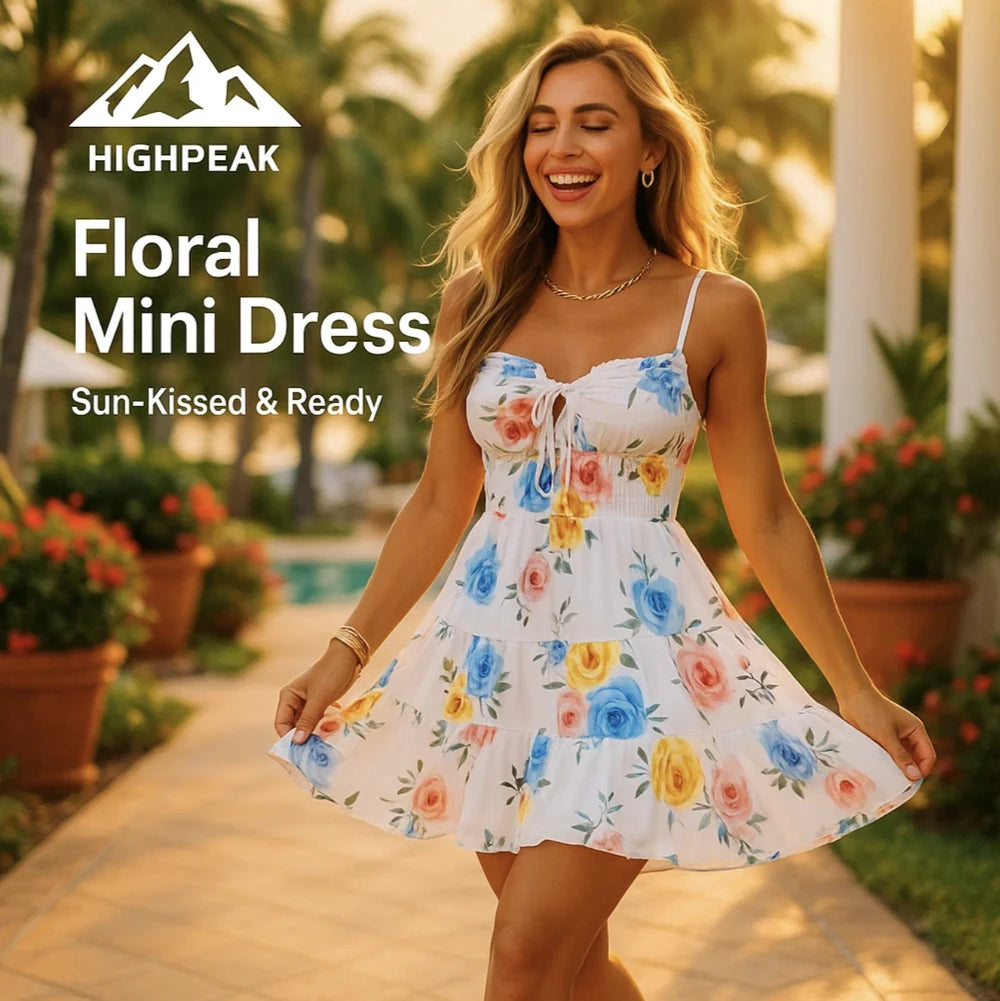 HighPeak Women's Floral Mini Dress in pastel pink, blue, yellow with spaghetti straps, worn outdoors by smiling woman
