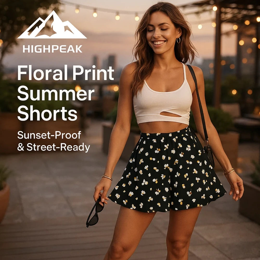 HighPeak Floral Print Summer Shorts in black with white flowers worn by smiling woman at sunset outdoor setting