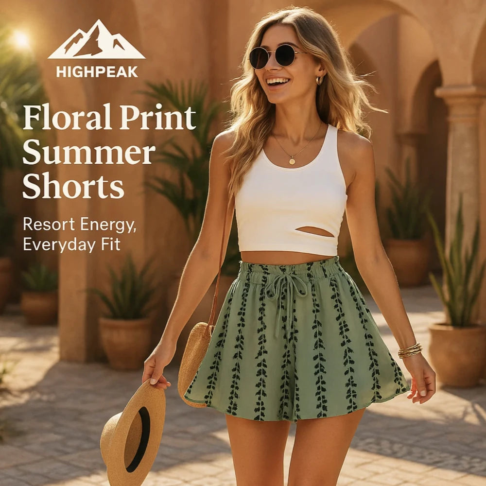 HighPeak Floral Print Summer Shorts in green with elastic waist worn by smiling woman outdoors in sunny resort setting