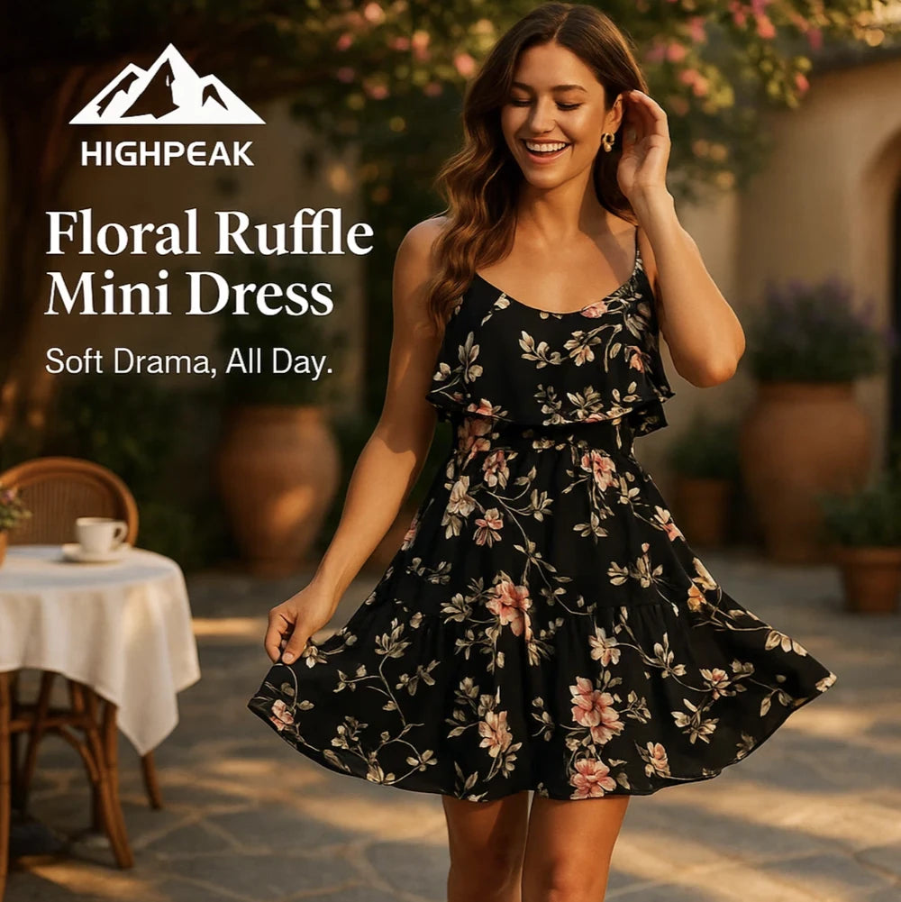 HighPeak Floral Ruffle Mini Dress in black with pink floral print worn outdoors with ruffle details and flowy skirt