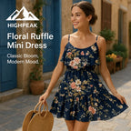 HighPeak Floral Ruffle Mini Dress in navy with off-shoulder ruffles worn by smiling woman outdoors
